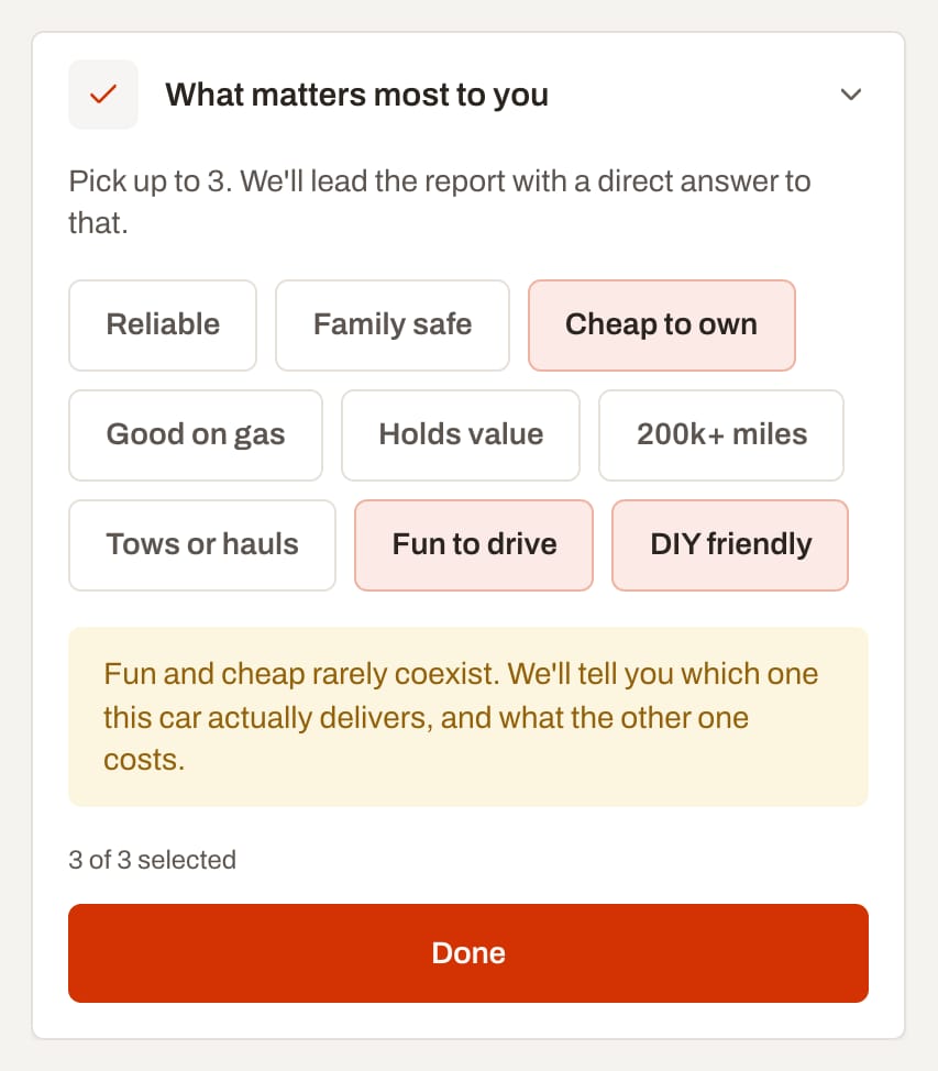 The Squeezed onboarding step asking what matters most to the buyer, with Cheap to own, Fun to drive and DIY friendly selected and a note that fun and cheap rarely coexist