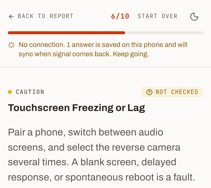 The Squeezed in-person checklist on a phone with no signal, saying one answer is saved on the phone and will sync when signal comes back, above a finding marked not checked