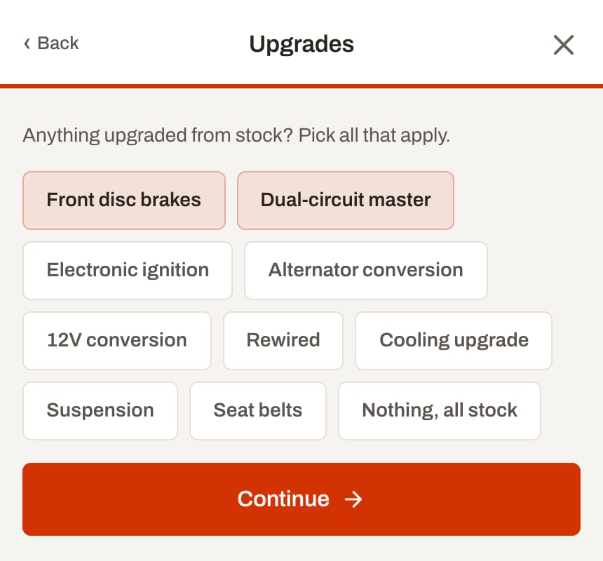 A Squeezed onboarding question for a 1969 Ford Mustang asking what was upgraded from stock, with front disc brakes and a dual-circuit master cylinder selected