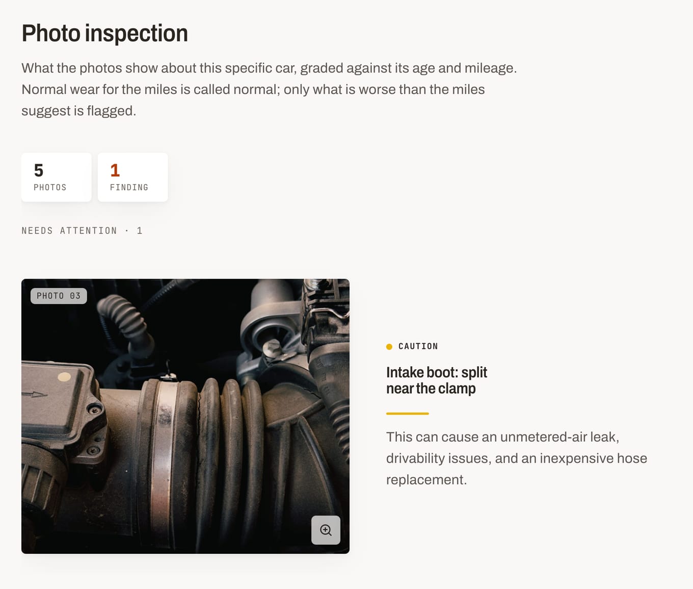 The Photos tab of a Squeezed Buyer Guide for a 1998 BMW Z3, flagging a split intake boot in one of five photos as a caution