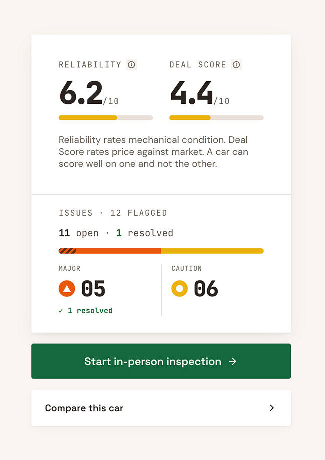 Squeezed Buyer Guide summary card showing a 6.2 out of 10 reliability score, a 4.4 out of 10 deal score, and 12 flagged issues broken down by severity
