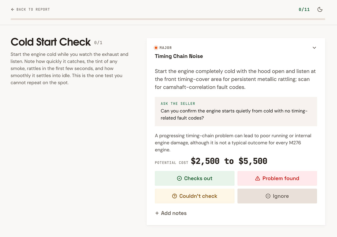 Guided in-person inspection checklist showing a cold start check next to a major-severity finding on timing chain noise, with an ask-the-seller question, a repair cost estimate, and resolve or ignore buttons