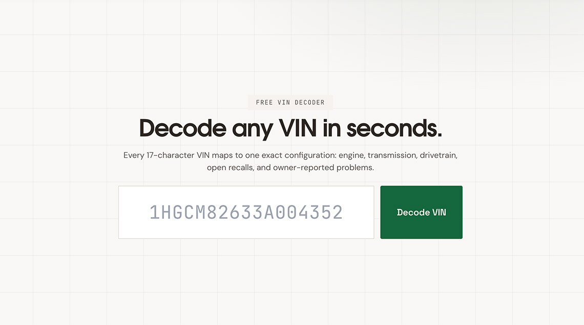 Squeezed free VIN decoder tool landing page with a 17-character VIN input field and a Decode VIN button