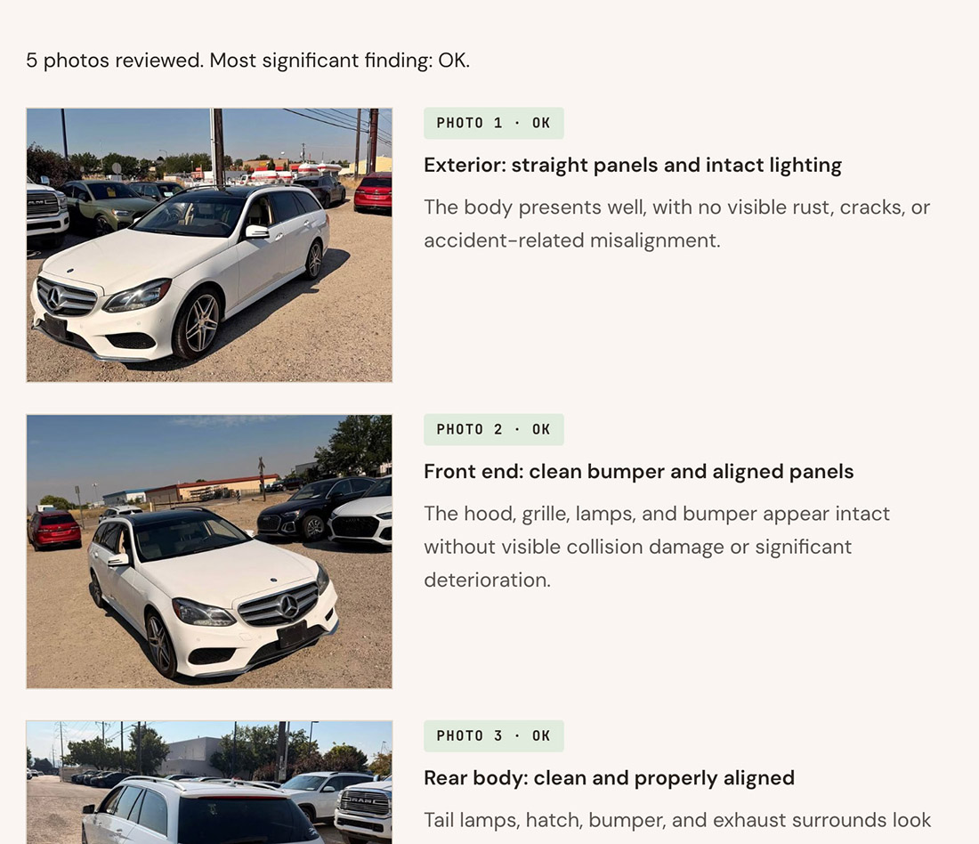 Preview of the upcoming Photos tab showing reviewed exterior and front-end photos of a used car, each marked OK for panel alignment, rust, and lighting